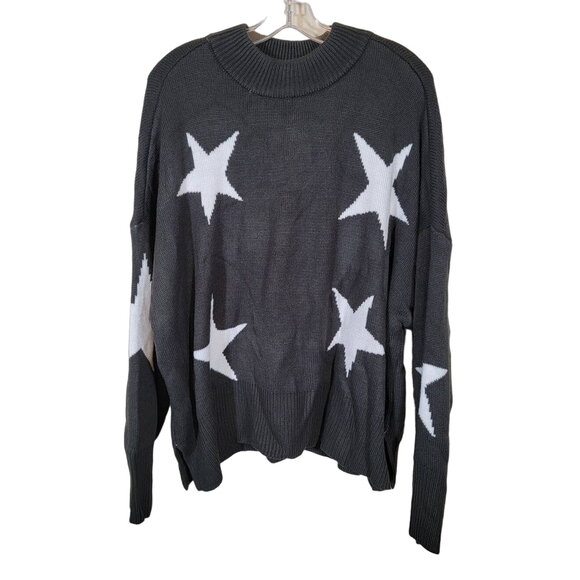 NWT True Craft Women Charcoal Stars Print Knit Jumper Sweater Black White SZ 3X - Picture 1 of 8